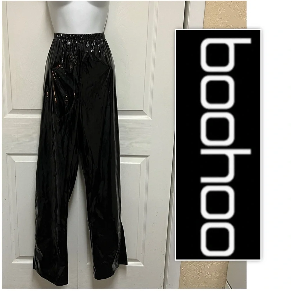 NWT Boohoo HIGH WAIST EXTRA LONG VINYL PVC SPLIT HEM PANTS - Picture 4 of 8